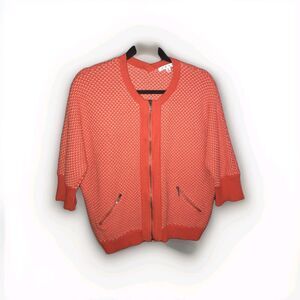 CAbi Cocoon Full-Zip Sweater Women's Medium Orange Geo Tight-Knit Dolman‎ Sleeve